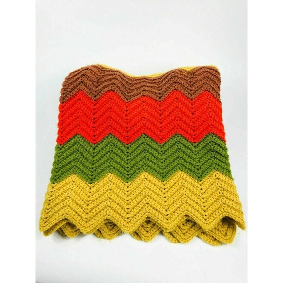 Crocheted Afghan Chevron Pattern VTG 70's Green Yellow Orange Brown Handmade